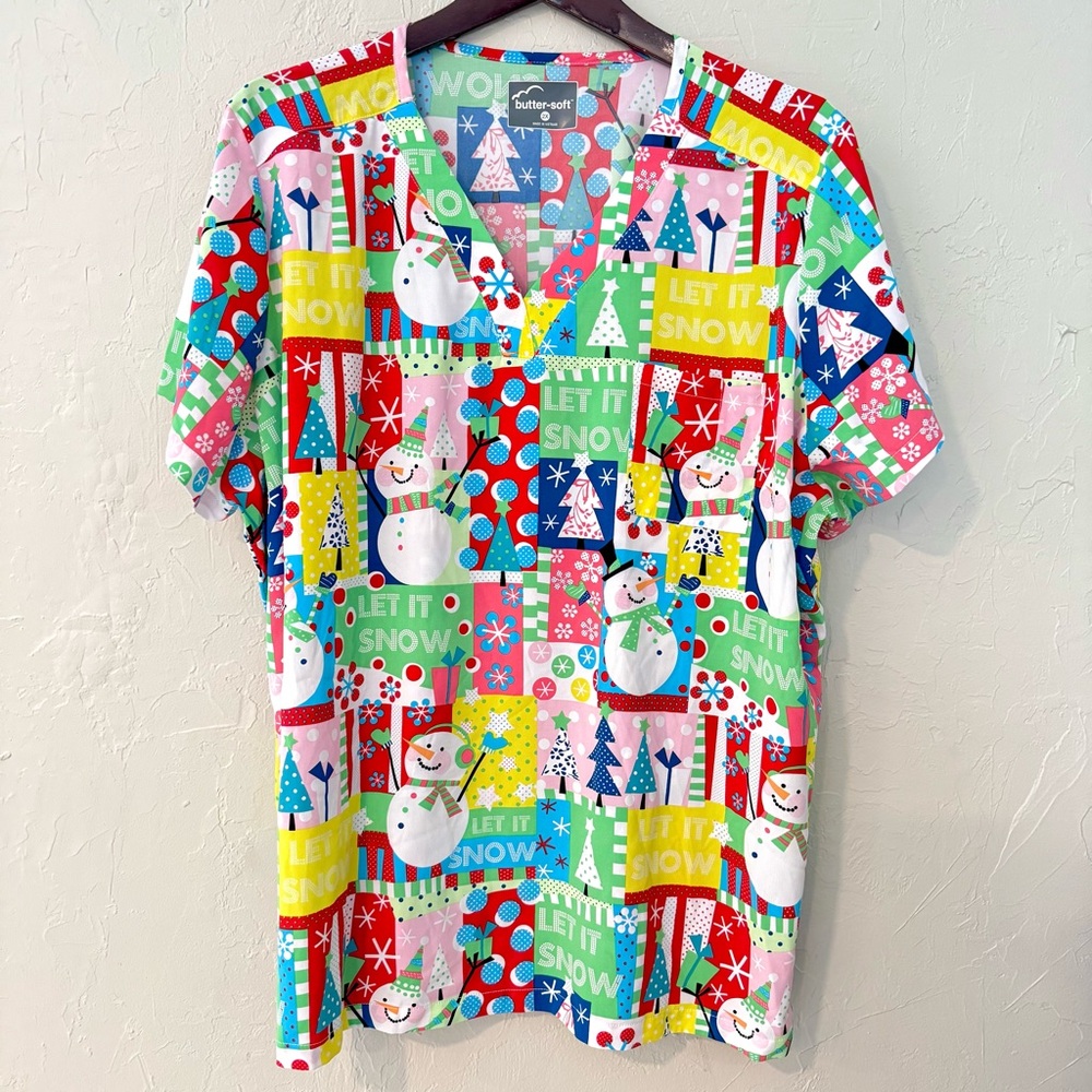 Butter Soft By Uniform Advantage-Women’s Scrub Top-Snowman Patchwork-Size 2X-EUC